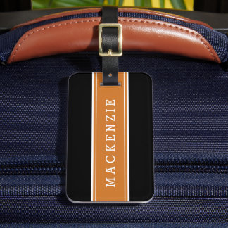 Etiqueta De Bagagem Monograma Personalizado de Faixa de Rugby Laranja