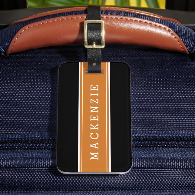 Etiqueta De Bagagem Monograma Personalizado de Faixa de Rugby Laranja  (Frente Insitu 2)