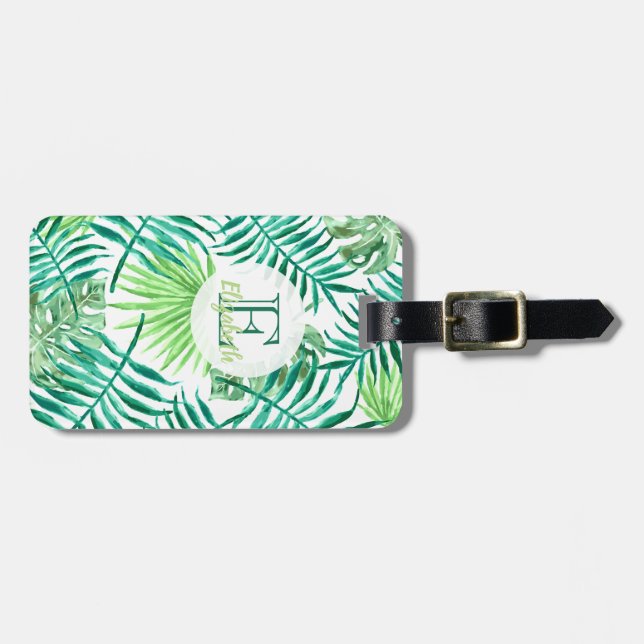 Etiqueta De Bagagem Monograma personalizado, folhas de palmeiras tropi (Frente Horizontal)