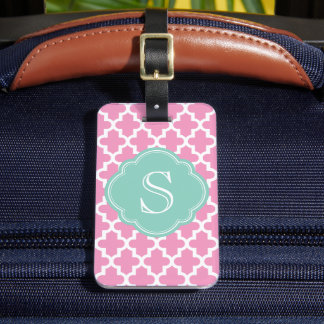 Etiqueta De Bagagem Monograma personalizado marroquino rosa e aqua mod