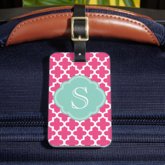 Etiqueta De Bagagem Monograma personalizado marroquino rosa e aqua mod