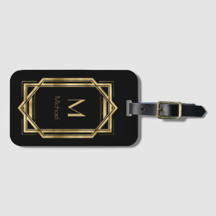 Etiqueta De Bagagem Monograma Personalizado Preto e Dourado   Geométr