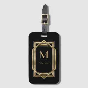 Etiqueta De Bagagem Monograma Personalizado Preto e Dourado Geométr