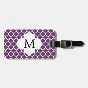 Etiqueta De Bagagem Monograma Personalizado Quatrefoil Roxo e Branco