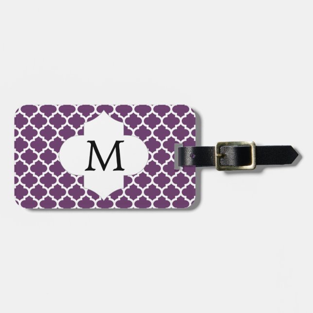 Etiqueta De Bagagem Monograma Personalizado Quatrefoil Roxo e Branco (Frente Horizontal)
