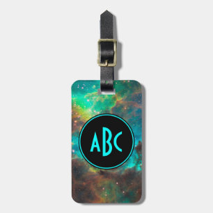 Etiqueta De Bagagem Monograma Personalizável em Preto e Aqua Três Le