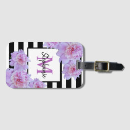 Etiqueta De Bagagem Monograma Pink Peony Flor Black Stripe Roxo Púrpur