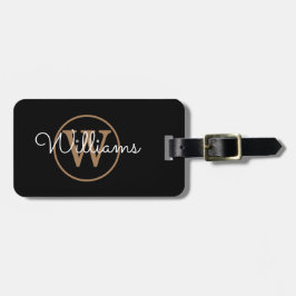 Etiqueta De Bagagem Monograma Preto e Dourado Elegante