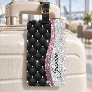 Etiqueta De Bagagem Monograma preto glitter prata falso menina Chic