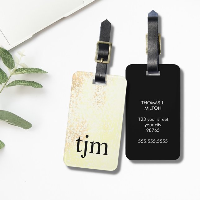 Etiqueta De Bagagem Monograma preto Ouro moderno Faux (Criador carregado)