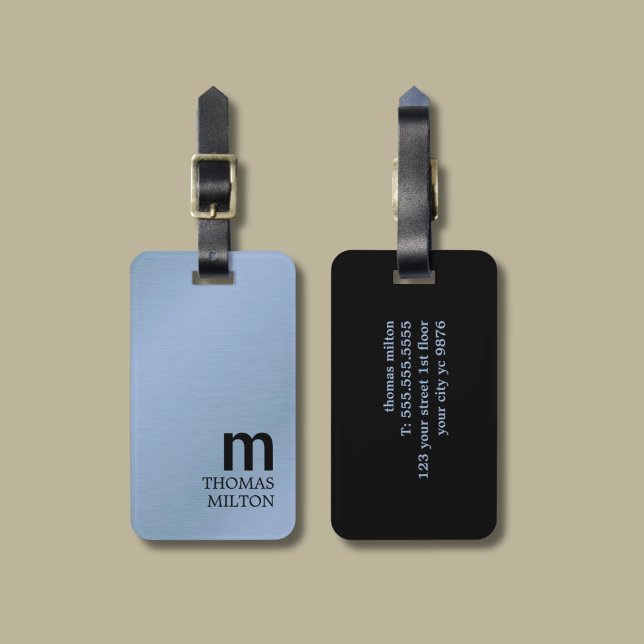 Etiqueta De Bagagem Monograma preto-preto mínimo Elegante (Criador carregado)