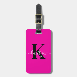 Etiqueta De Bagagem Monograma Preto Rosa Quente