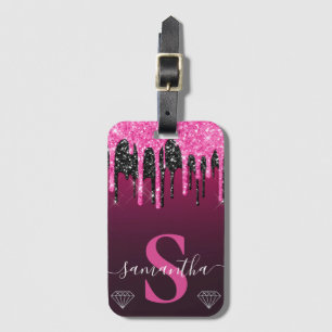 Etiqueta De Bagagem Monograma Quente Rosa e Preto com Glitter Pingando