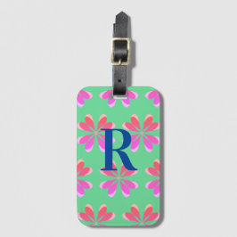 Etiqueta De Bagagem Monograma retro verde-floral rosa