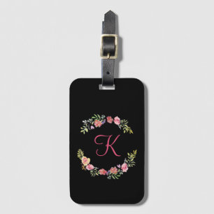 Etiqueta De Bagagem Monograma Rosa, Amarelo e Verde Floral Aquarela