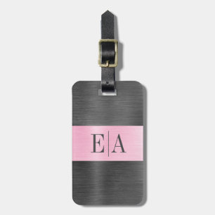 Etiqueta De Bagagem Monograma Rosa Cor-de-Rosa com Script Metálico Br