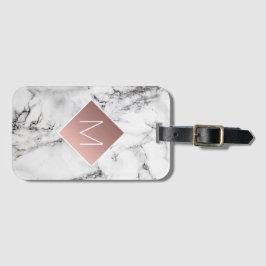 Etiqueta De Bagagem monograma rosa de ouro em pedra de mármore branca