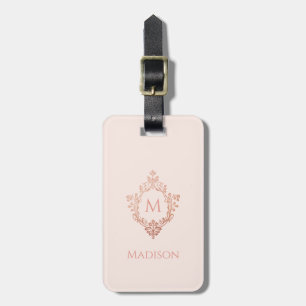 Etiqueta De Bagagem Monograma Rosa em Rosa Dourado Elegante Vintage
