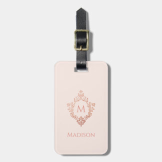 Etiqueta De Bagagem Monograma Rosa em Rosa Dourado Elegante Vintage