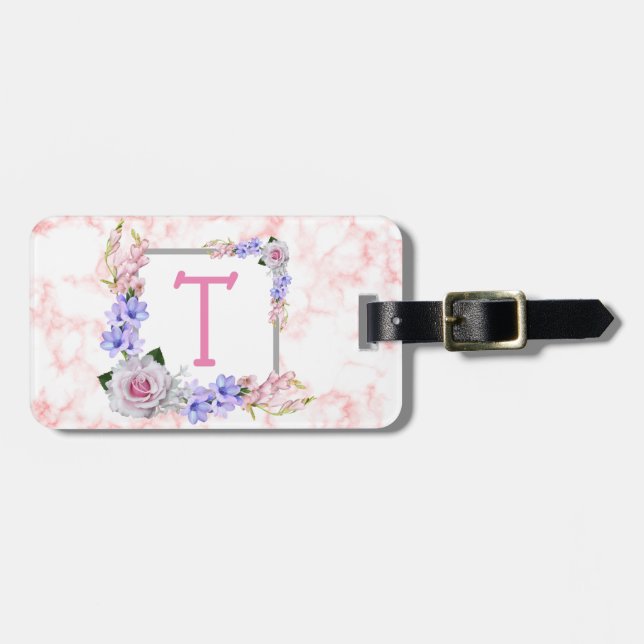 Etiqueta De Bagagem Monograma Rosa Marble (Frente Horizontal)