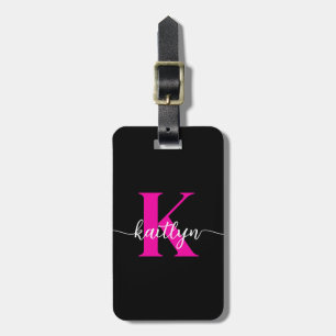 Etiqueta De Bagagem Monograma Rosa Quente Preto