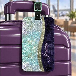 Etiqueta De Bagagem Monograma roxo azul iridescente chic falso brilho
