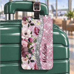 Etiqueta De Bagagem Monograma roxo rosa prata glitter floral Chic