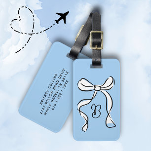 Etiqueta De Bagagem Monograma Script Minimalista Laço Coquette Azul