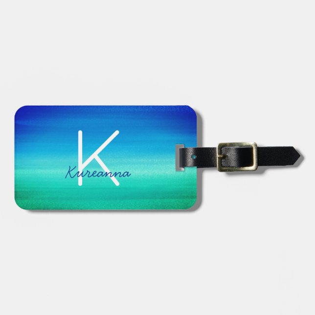Etiqueta De Bagagem Monograma tropical Neon Beachy Blue Verde (Frente Horizontal)