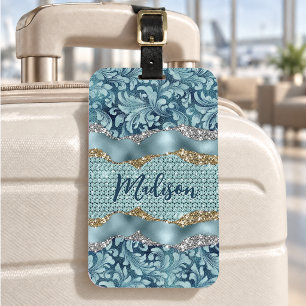 Etiqueta De Bagagem Monograma turquesa azul chic floral brilhante dour