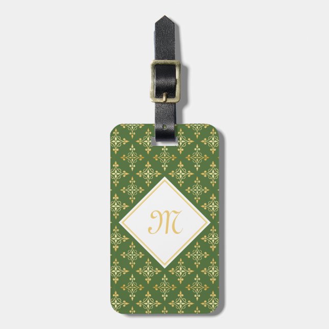Etiqueta De Bagagem Monograma verde e Dourado Quatre Floral (Frente Vertical)