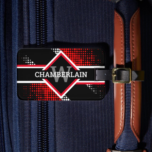 Etiqueta De Bagagem Monograma Vermelho Branco e Preto (Frente Insitu 4)