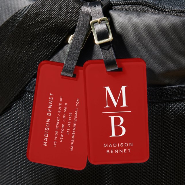 Etiqueta De Bagagem Monograma Vermelho e Branco Elegante (Elegant Monogram Red And White Luggage Tag)