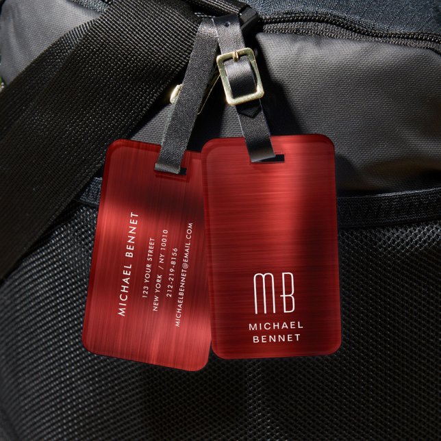 Etiqueta De Bagagem Monograma Vermelho Elegante (Elegant Monogram Red Luggage Tag)