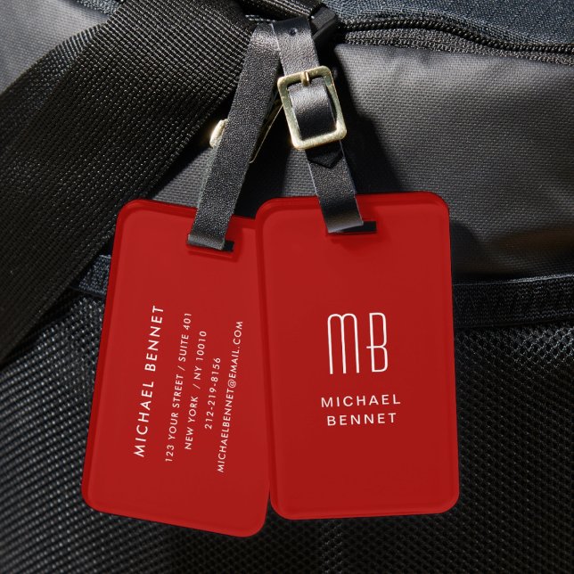 Etiqueta De Bagagem Monograma Vermelho Moderno (Modern Red Monogrammed Luggage Tag)