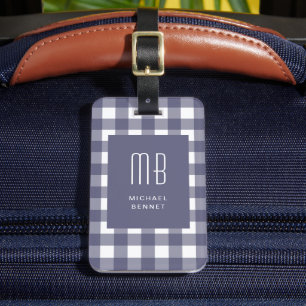Etiqueta De Bagagem Monograma Xadrez Azul Marinho Elegante
