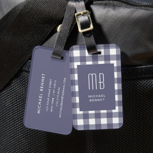 Etiqueta De Bagagem Monograma Xadrez Azul Marinho Elegante