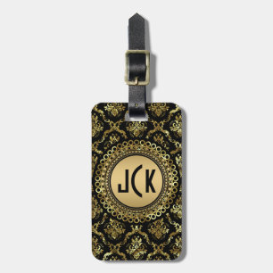 Etiqueta De Bagagem Monogramado Preto e Dourado Damasks Florais Vintag
