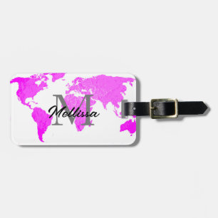 Etiqueta De Bagagem Monogramas do mapa mundial viajando cor-de-rosa pú