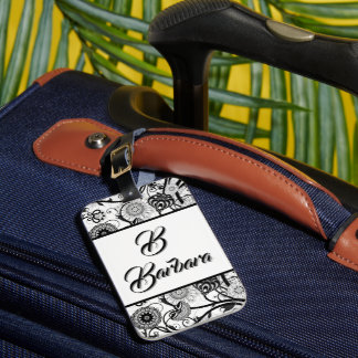 Etiqueta De Bagagem Monogrammed Black And White Floral Abstract Luggag