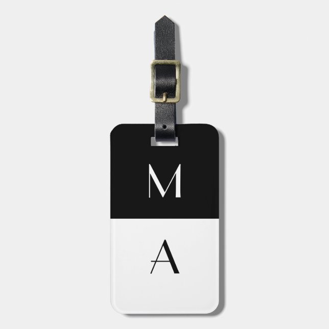 Etiqueta De Bagagem Monogrammed preto e branco moderno (Frente Vertical)