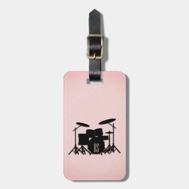 Etiqueta De Bagagem Monogramo Drum Set Music Design Rosa (Frente Vertical)