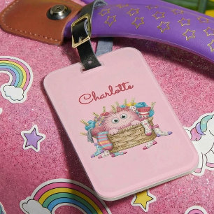 Etiqueta De Bagagem Monstro de Meia Fofo Rosa Fofinho Design Infantil