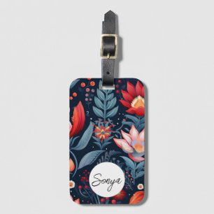 Etiqueta De Bagagem Moody Floral Blue Red Patterno Nome Personalizado