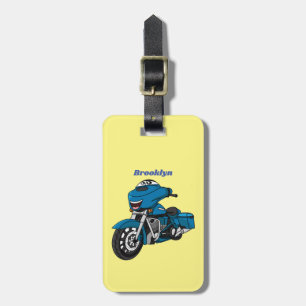 Etiqueta De Bagagem Moto de desenho animado azul feliz fofa