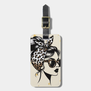 Etiqueta De Bagagem Mulher com Coque Despojado e Bandana de Estampa de