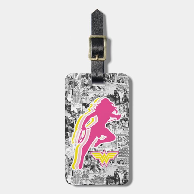 Etiqueta De Bagagem Mulher Maravilha Silhueta Colada Amarelo-Rosa (Frente Vertical)