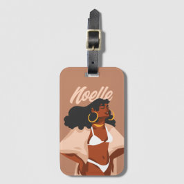 Etiqueta De Bagagem Mulher Negra, Bikini Branco, Pronta para Praia