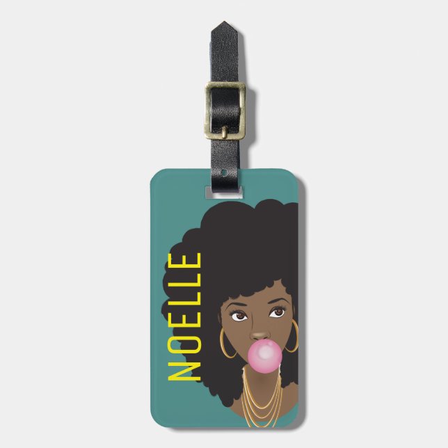 Etiqueta De Bagagem Mulher Negra, Bubblegum, Cabelo Natural, Verde Tea (Frente Vertical)