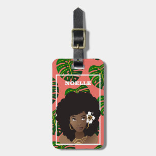 Etiqueta De Bagagem Mulher Negra com Flor, Folhas Verdes Tropicais, Co